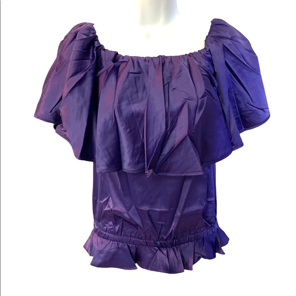 Rachel Lym PURPLE Resort Top Stretch Satin Swim Coverup Ruffle Off Shoulder - Picture 6 of 12
